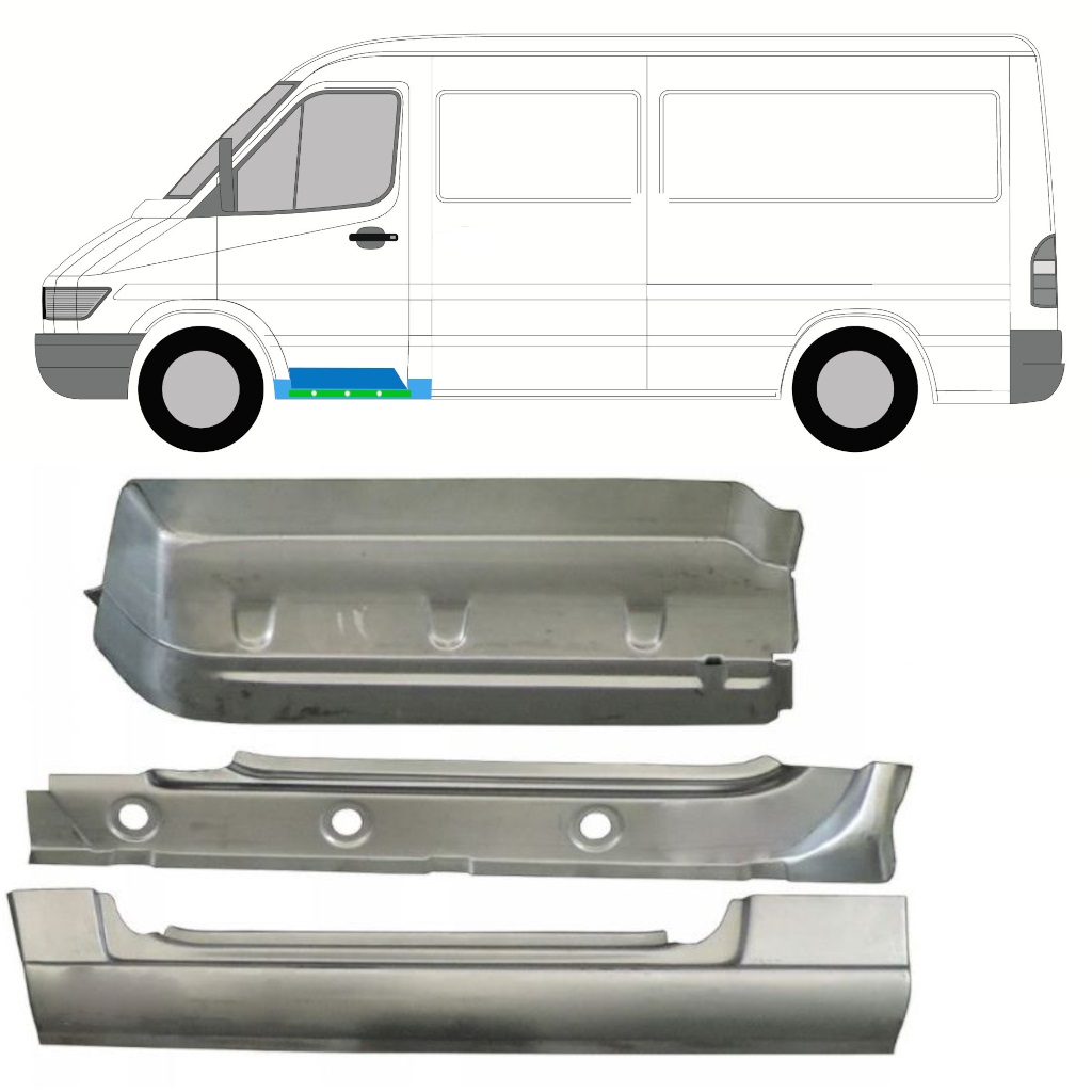 MERCEDES SPRINTER 1995-2006 MARCHEPIED DE PORTE AVANT + AILE PANNEAU DE RÉPARATION + RÉPARATION DU SEUIL INTÉRIEUR / SET / GAUCHE